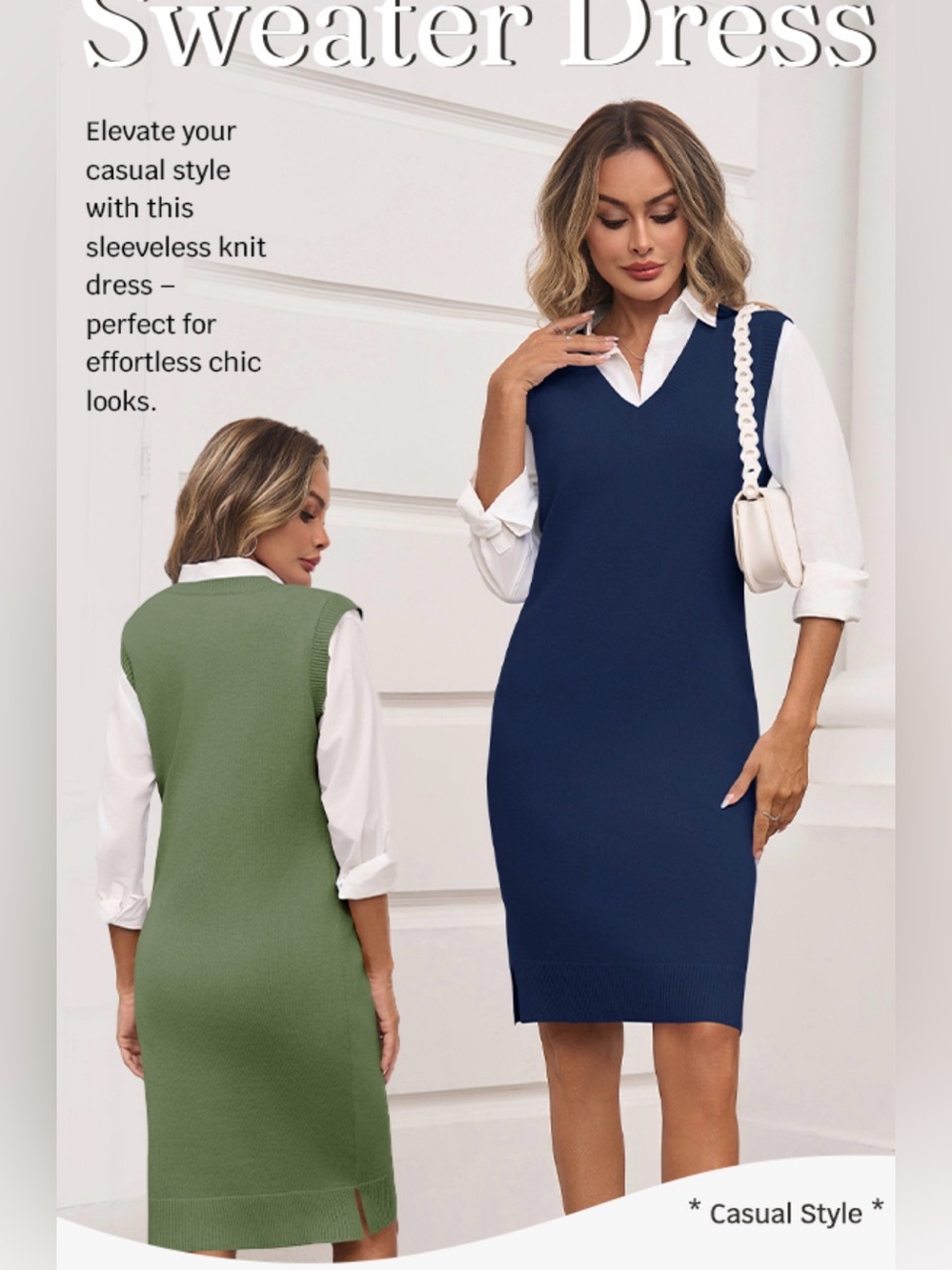 Wenrine Sleeveless V-Neck Navy Knit Sweater Dress